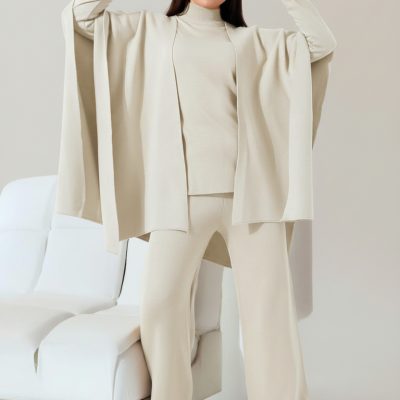 Compleu Tricot Femei, Trei Piese, Clasic, Ivory