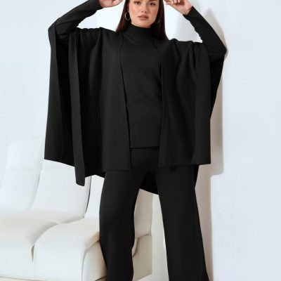 Compleu Tricot Femei, Trei Piese, Clasic, Negru