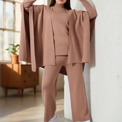 Compleu Tricot Femei, Trei Piese, Clasic, Roz Pudra