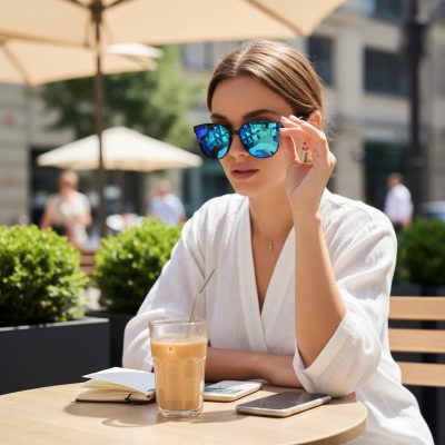 Ochelari de soare pentru Femei, Eleganti, Rama Metalica Aurie, Lentile Albastre, UV400
