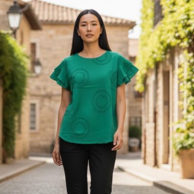 Camasa Femei din Bumbac, Textura In, Croi Lejer, Volane, Verde