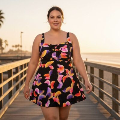 Costum de baie, Doua Piese, Marime Mare, Negru/Multicolor