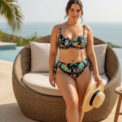 Costum de baie, Doua Piese, Marime Mare, Imprimeu Tropical