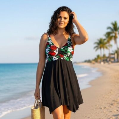Costum de baie, Doua Piese, Marime Mare, Negru/Rosu
