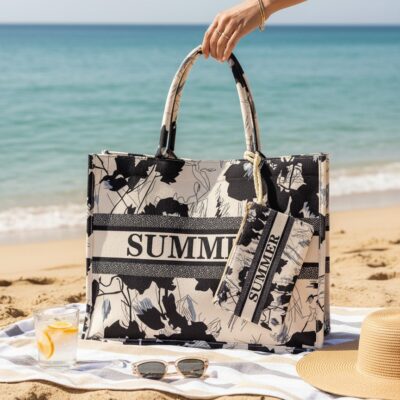 Geanta de plaja, Fashion, Portofel, SUMMER, Bej/Negru