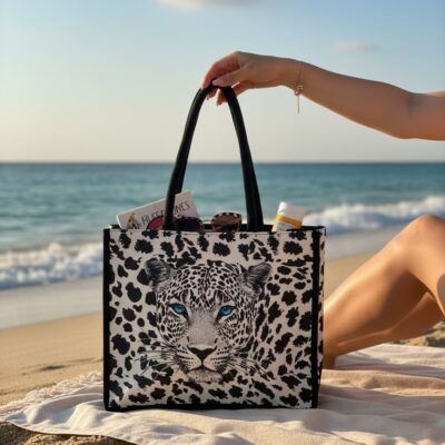 Geanta de plaja, Fashion, Leopard, Alb/Negru