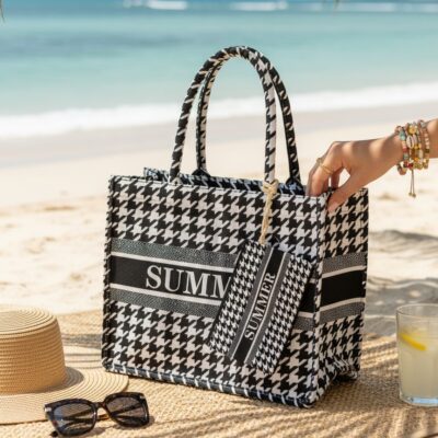 Geanta de plaja, Fashion, Portofel, SUMMER, Negru/Alb