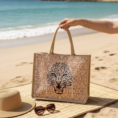 Geanta de plaja, Fashion, Imprimeu Animal Print, Nude