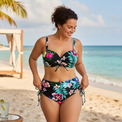 Costum de baie, Doua Piese, Marime Mare, Imprimeu Floral, Negru