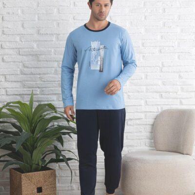 Pijama Barbati, Bluza + Pantaloni lungi, Bleu