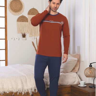 Pijama Barbati, Bluza + Pantaloni lungi, Caramiziu