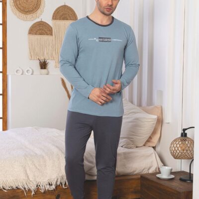 Pijama Barbati, Bluza + Pantaloni lungi, Albastru