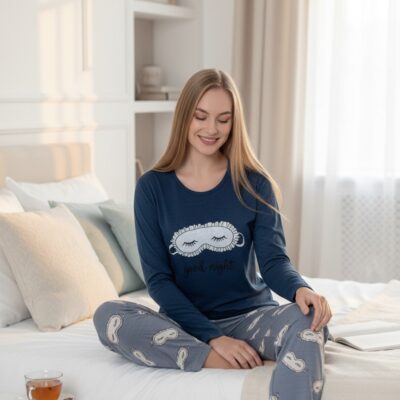 Pijama Femei, Maneca Lunga, Good Night, Bleumarin
